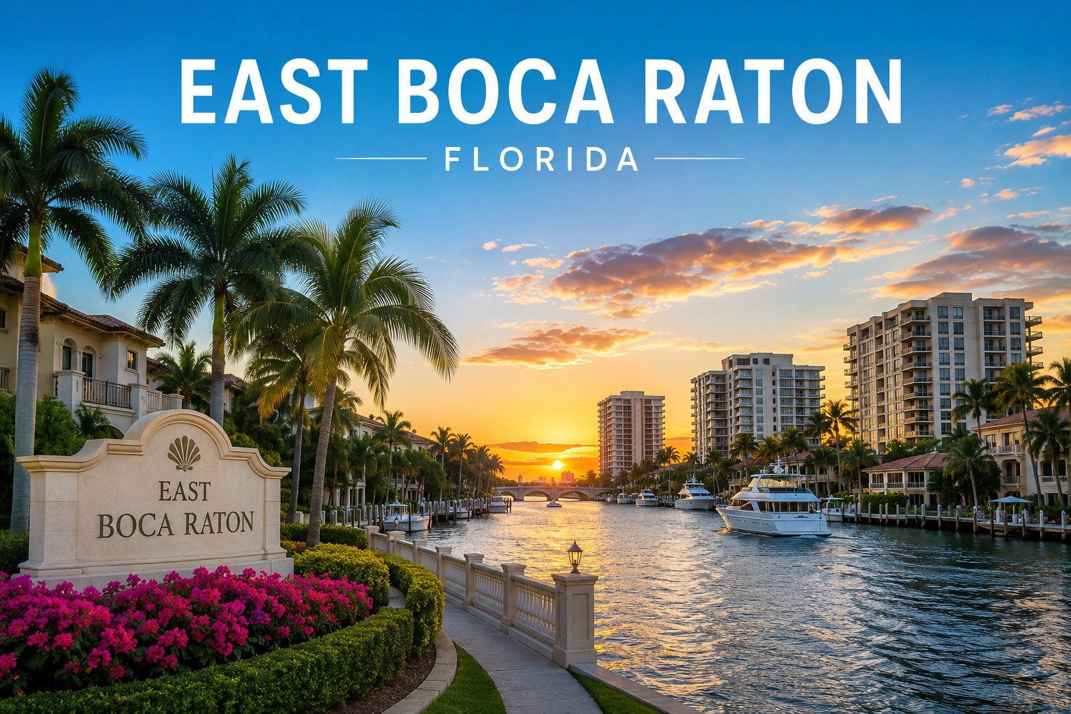 East Boca Raton, Florida: the Intracoastal Waterway at sunset with waterfront condominiums, yachts, and palms along the A1A corridor